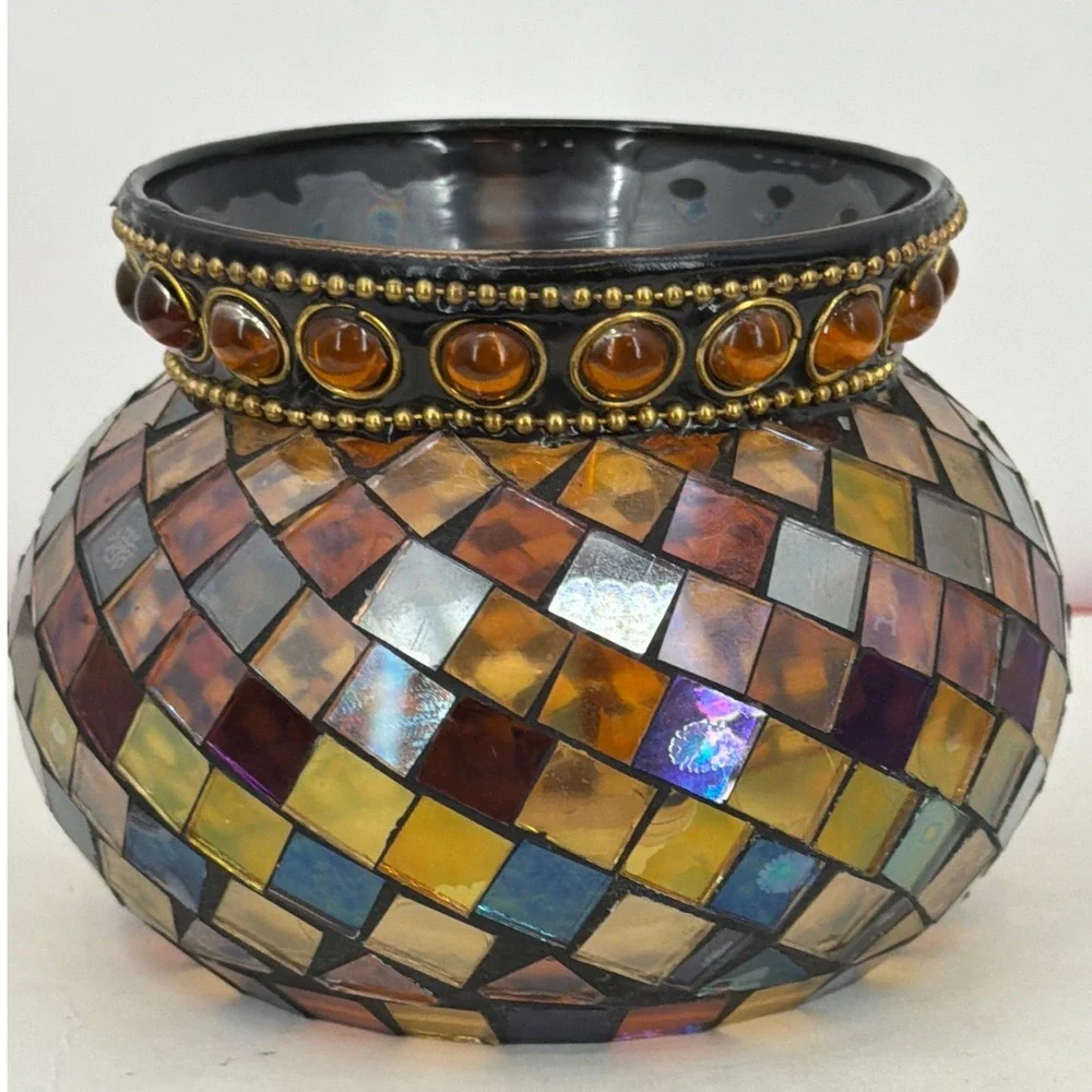 PartyLite Mosaic Glass Candle Holder Iridescent Amber Gold Beaded Trim Votive